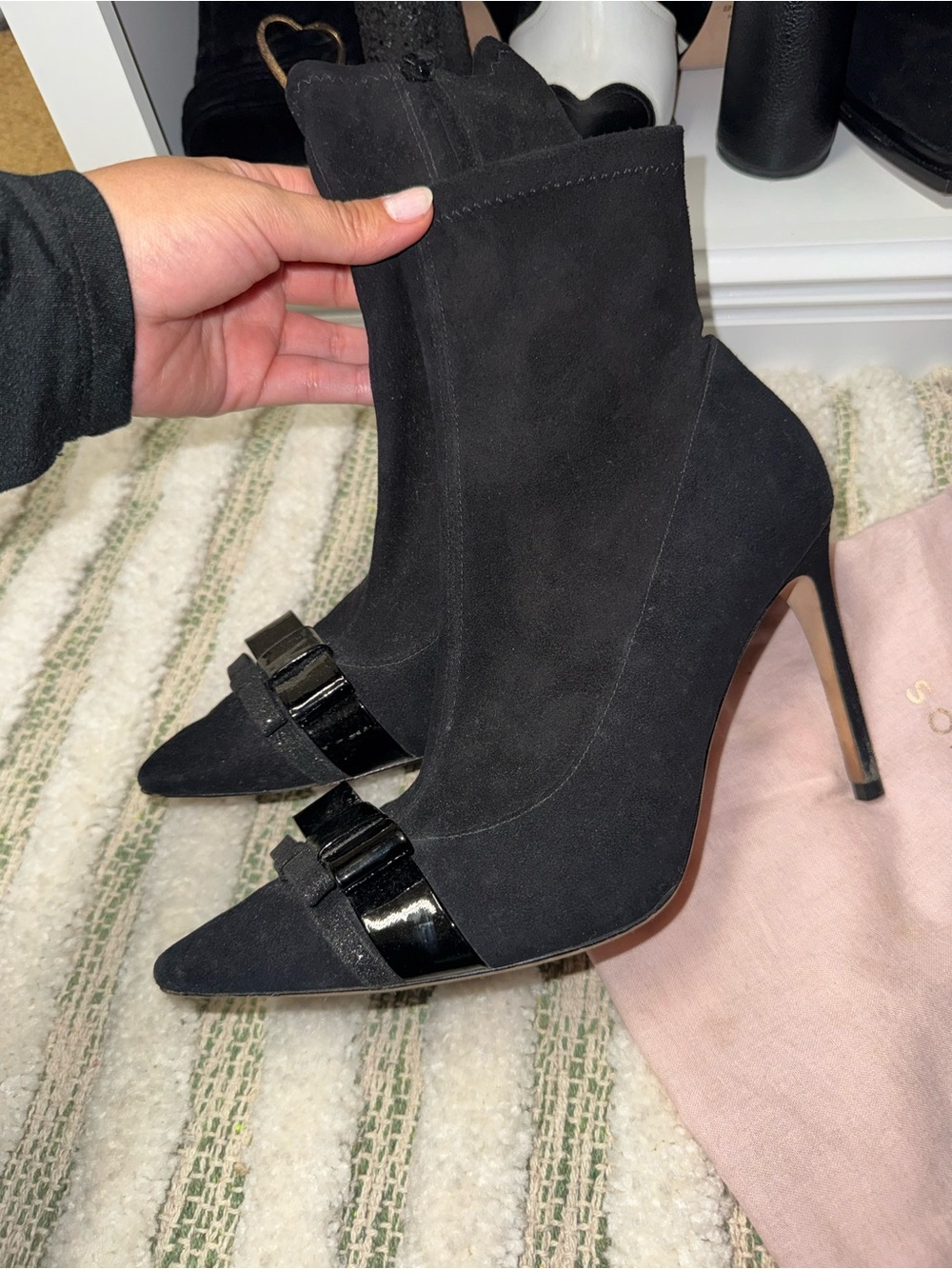 Sophia Webster Black Suede Pointed Toe Ankle Booties with Patent Bow Trim